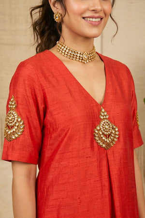 Radiant Red Raw Silk Kurti Set with Kundan Motifs
