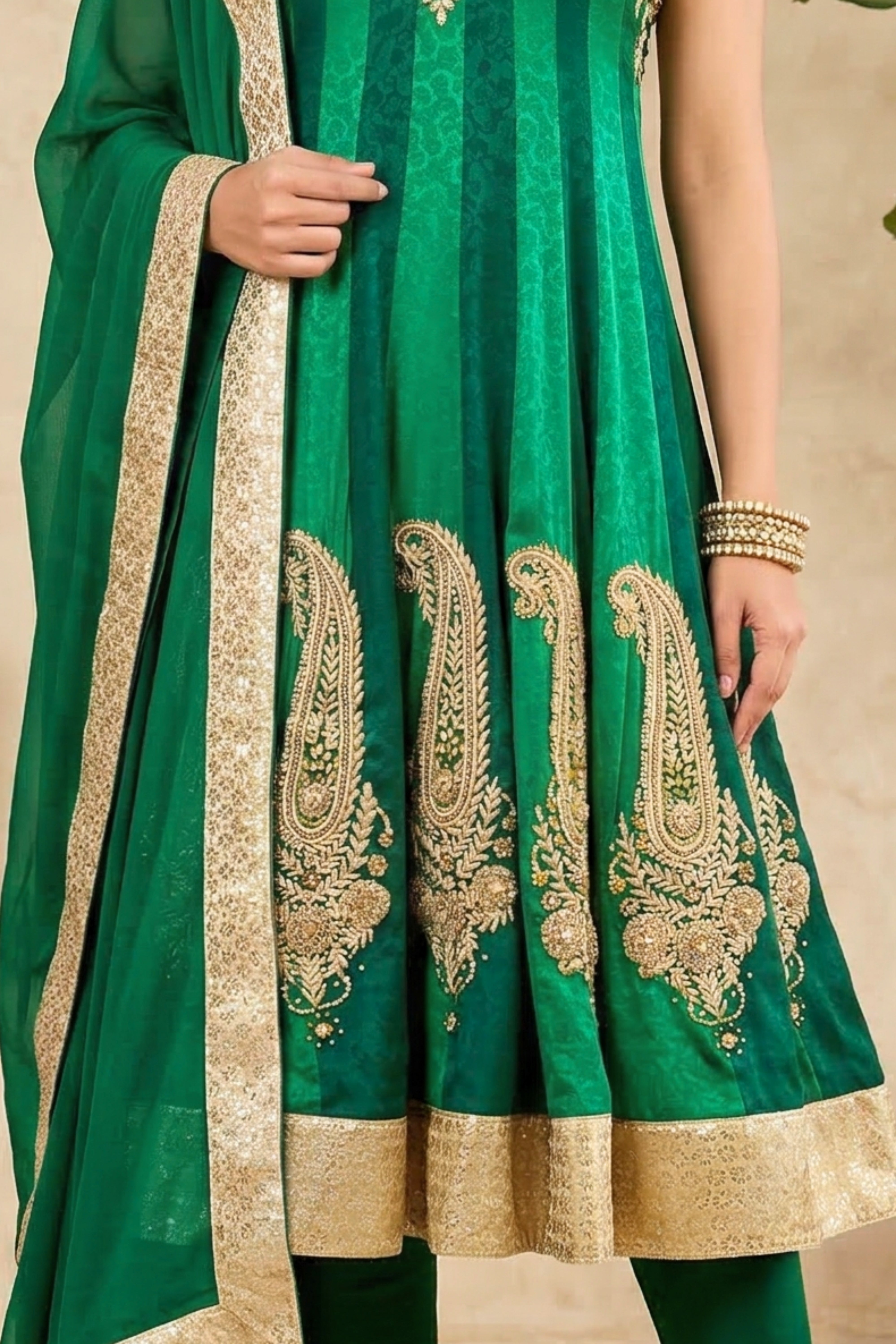 Regal Emerald Green Paisley Anarkali Suit Set with Heavy Gold Embroidery