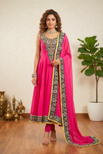 Vibrant Fuchsia Pink Crepe Anarkali Suit Set with Contrasting Embroidery
