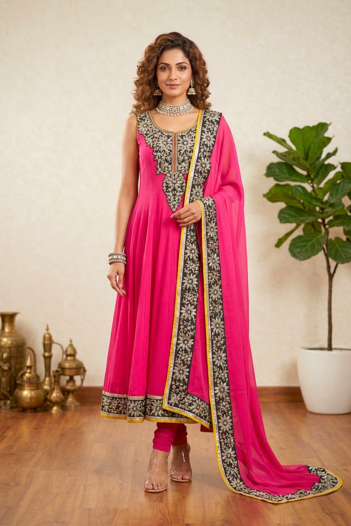 Vibrant Fuchsia Pink Crepe Anarkali Suit Set with Contrasting Embroidery