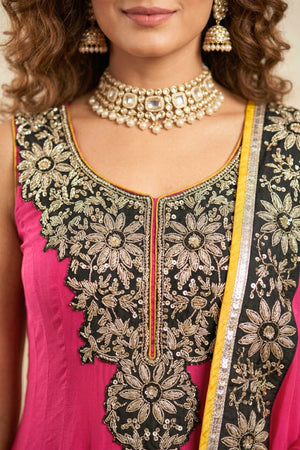 Vibrant Fuchsia Pink Crepe Anarkali Suit Set with Contrasting Embroidery