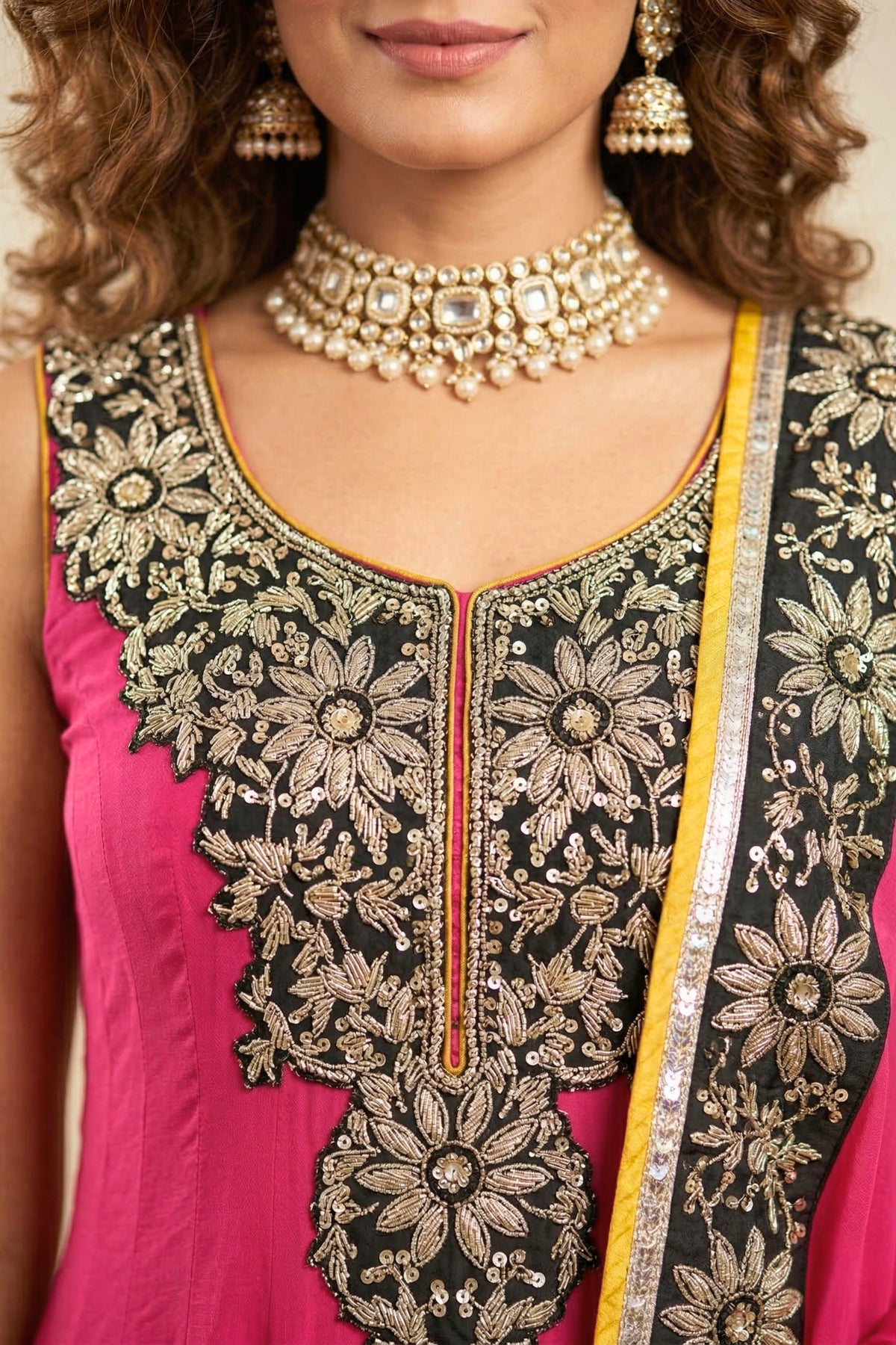 Vibrant Fuchsia Pink Crepe Anarkali Suit Set with Contrasting Embroidery