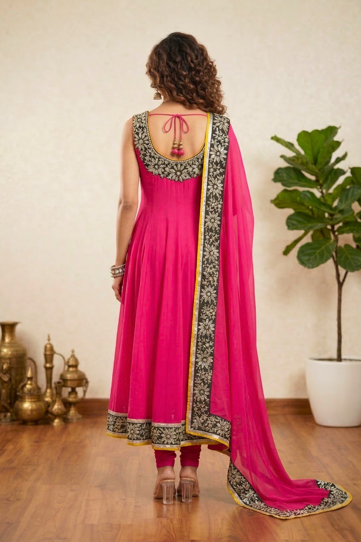 Vibrant Fuchsia Pink Crepe Anarkali Suit Set with Contrasting Embroidery