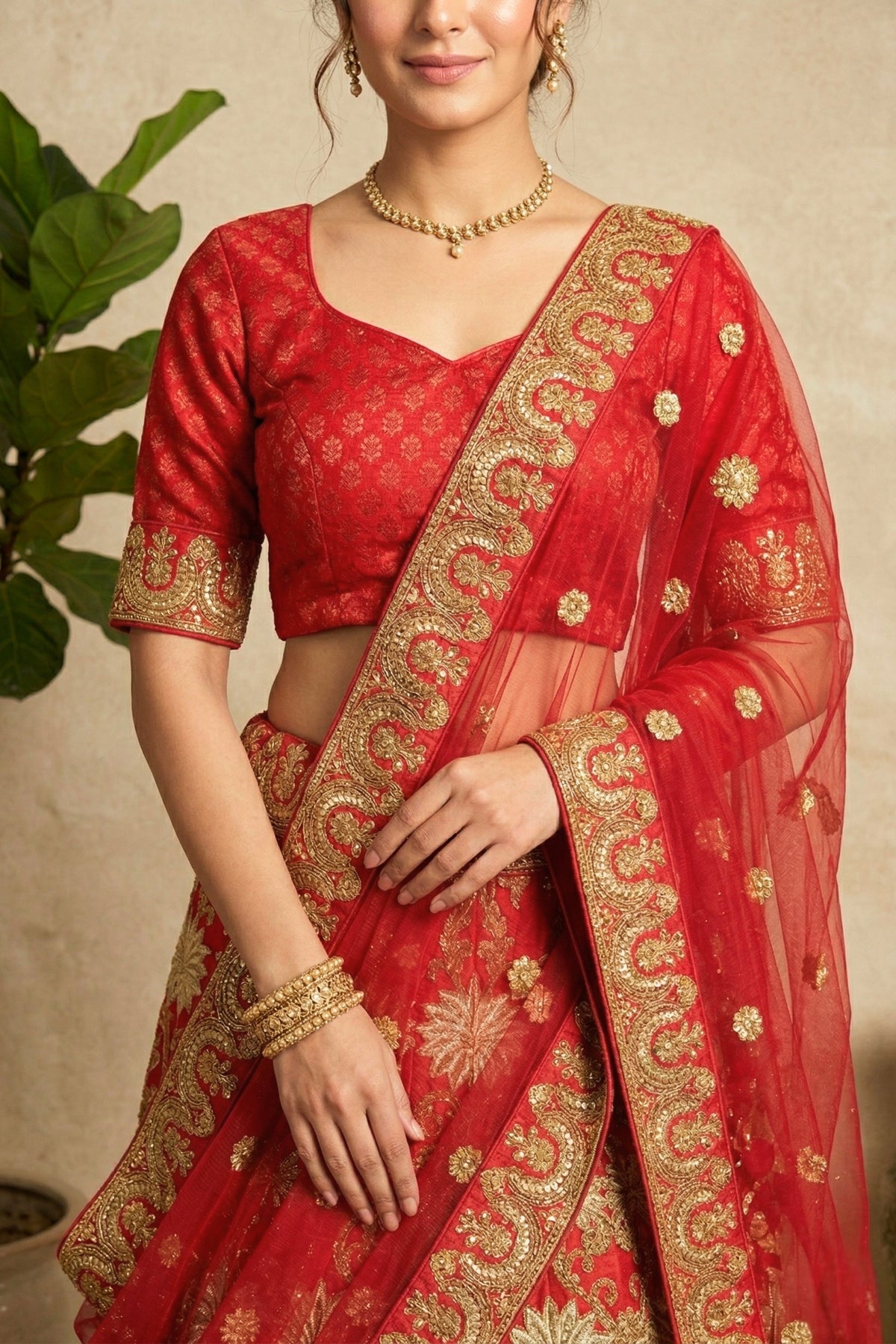 Red Silk Bridal Lehenga Set with Heavy Gold Zari Embroidery
