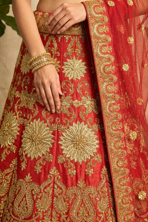 Red Silk Bridal Lehenga Set with Heavy Gold Zari Embroidery