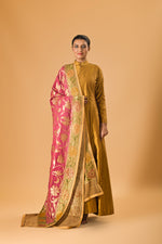 Copper Gold Silk Anarkali with Rich Pink Banarasi Dupatta