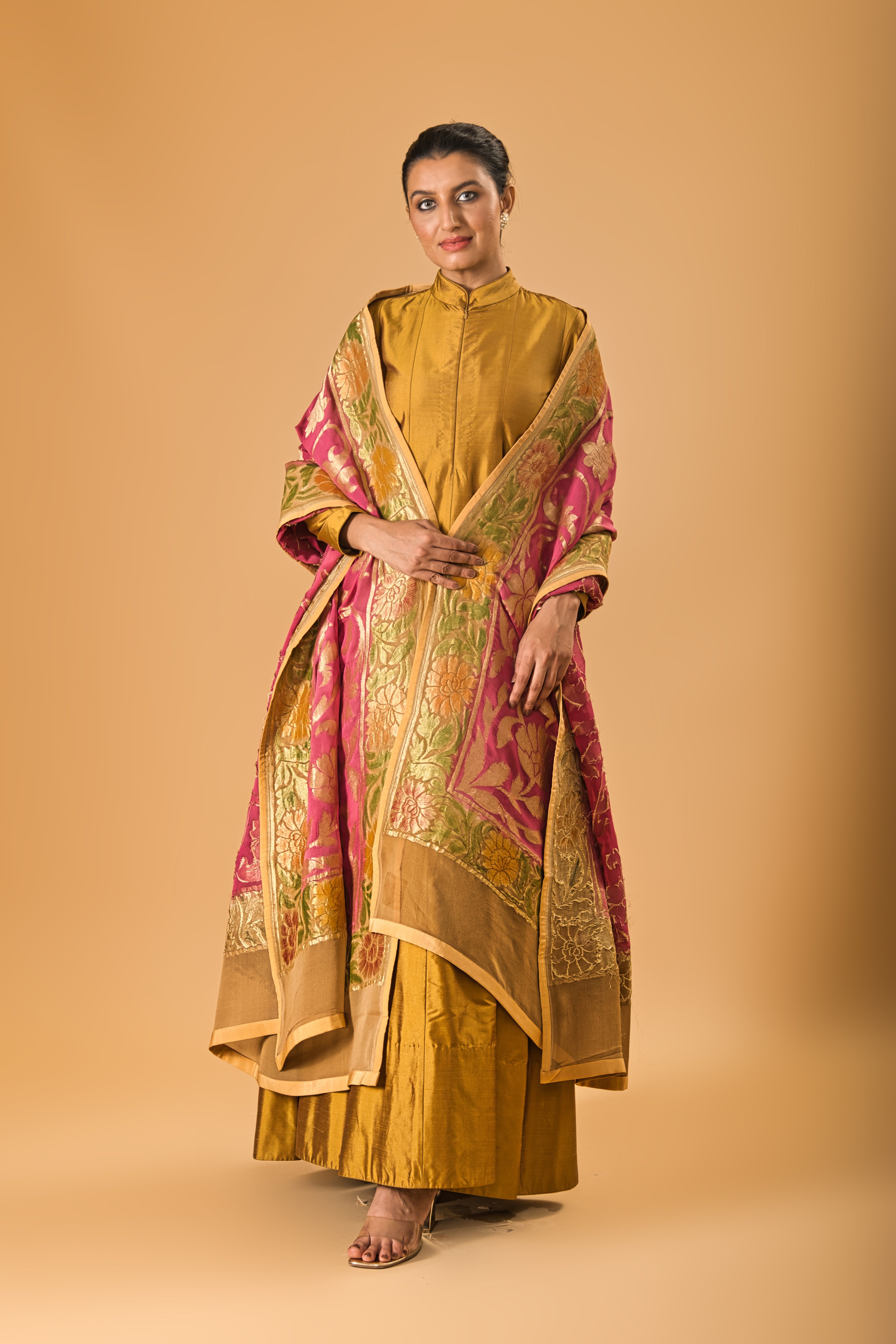 Copper Gold Silk Anarkali with Rich Pink Banarasi Dupatta