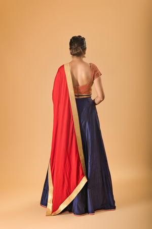 Striking Red Embellished Blouse with Navy Blue Silk Lehenga and Red Dupatta