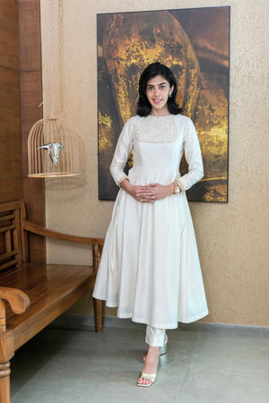 White Silk Chikankari Neck Kalidar Suit Set