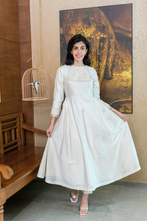 White Silk Chikankari Neck Kalidar Suit Set