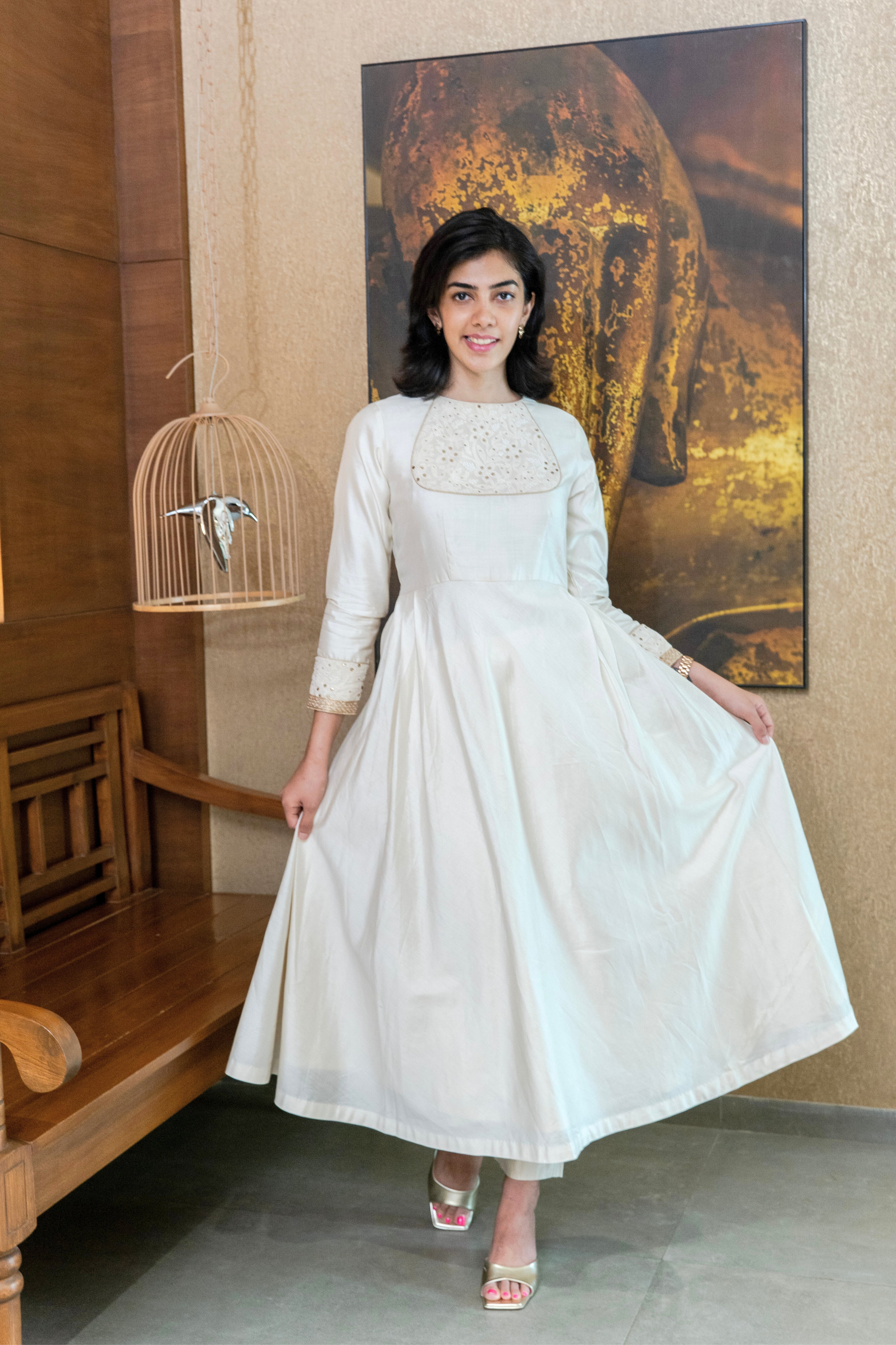 White Silk Chikankari Neck Kalidar Suit Set