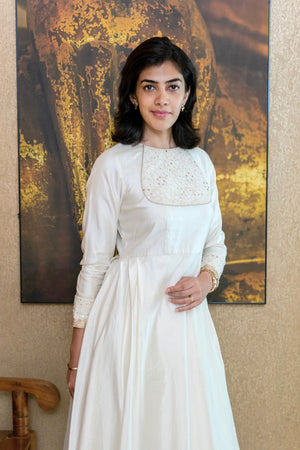 White Silk Chikankari Neck Kalidar Suit Set