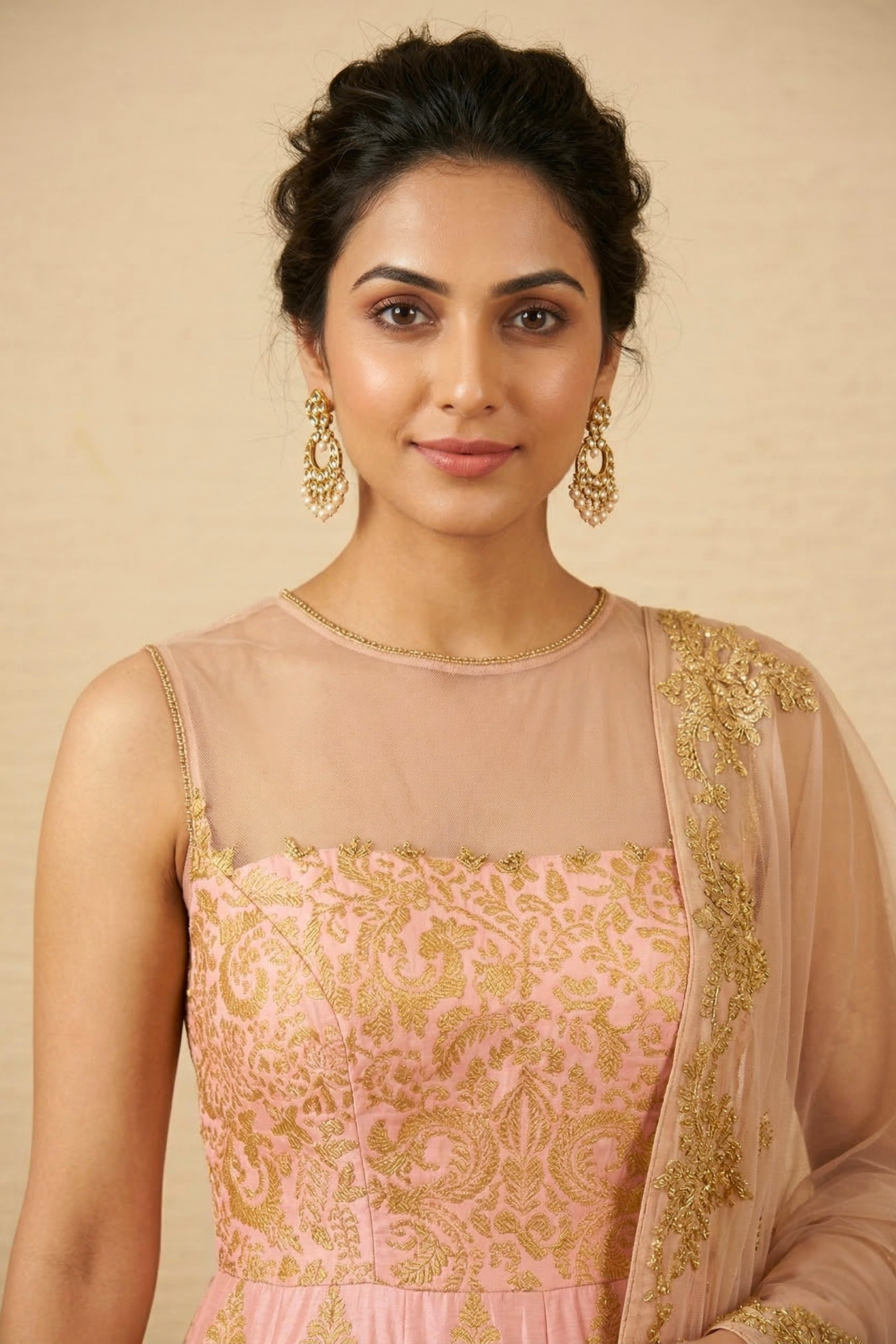 Exquisite Light Pink Silk Anarkali Gown with Matte Gold Applique & Illusion Neckline