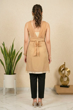 Elegant Beige Gathered Chiffon Tunic with Maroon Sequin Empire Belt