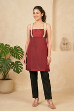 Elegant Maroon Silk & Chiffon Tunic with Embroidered Beige Straps