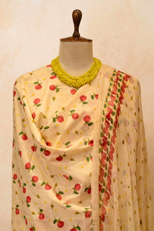 Pale Yellow Floral Rose Print Swiss Cotton Suit with Chiffon Dupatta