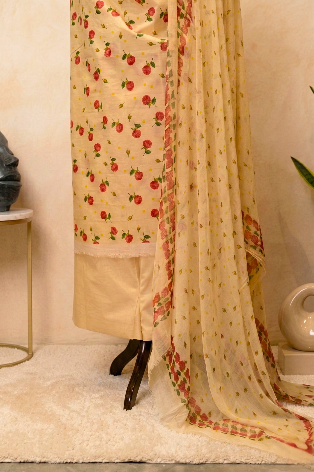 Pale Yellow Floral Rose Print Swiss Cotton Suit with Chiffon Dupatta