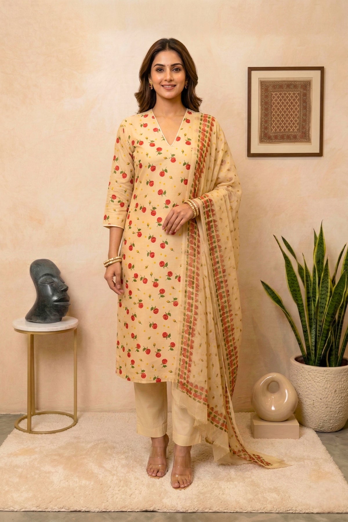 Pale Yellow Floral Rose Print Swiss Cotton Suit with Chiffon Dupatta