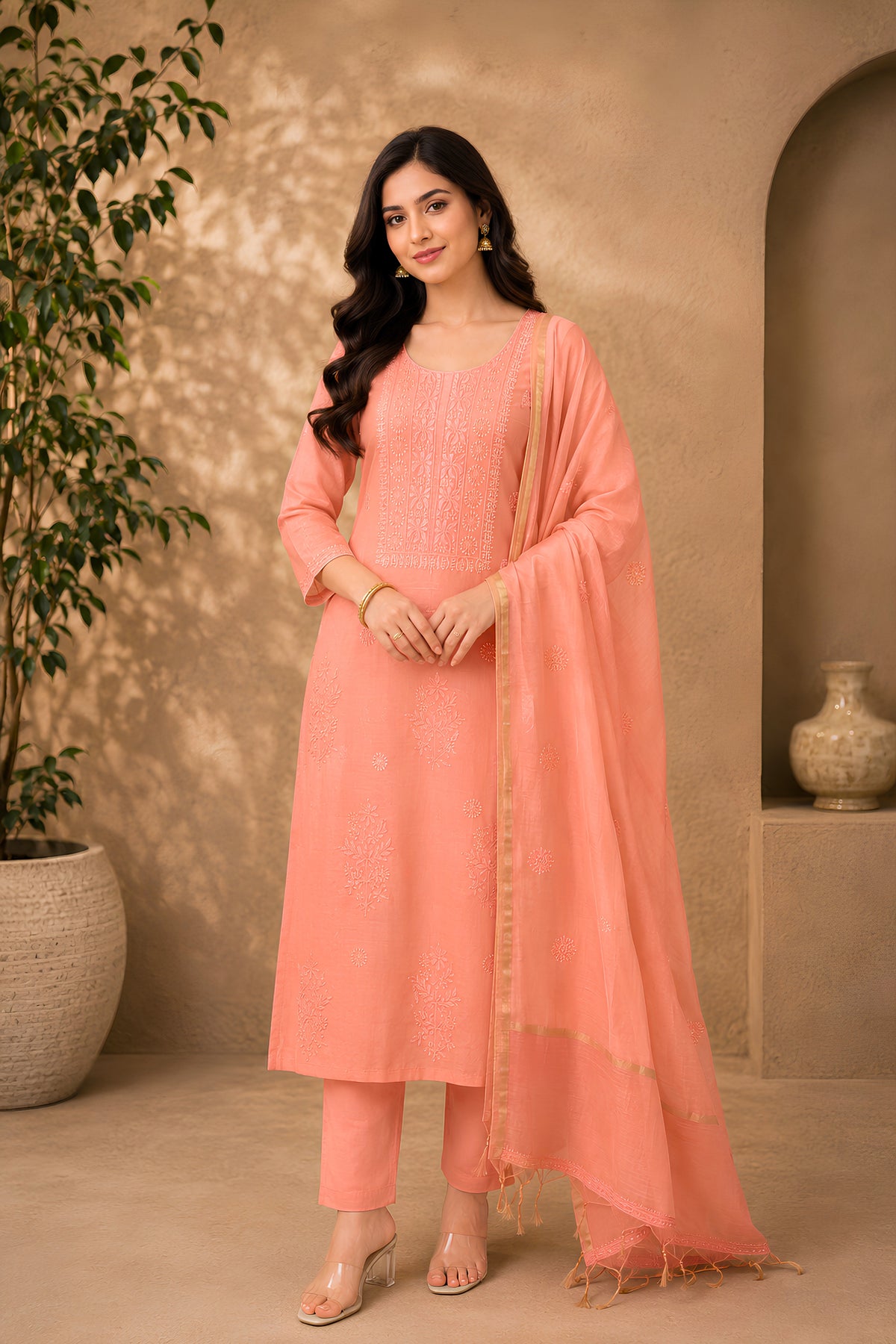 Peach Lucknowi Chikankari Chanderi Silk Unstitched Suit Set