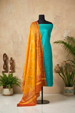 Teal Blue Silk Unstitched Suit Set with Yellow Patola Print Dupatta