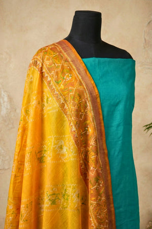 Teal Blue Silk Unstitched Suit Set with Yellow Patola Print Dupatta
