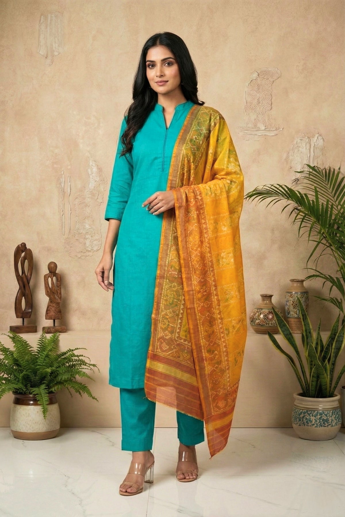 Teal Blue Silk Unstitched Suit Set with Yellow Patola Print Dupatta