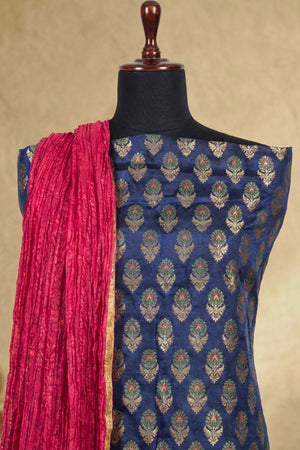 Royal Blue Silk Brocade Unstitched Suit Set with Fuchsia Dupatta