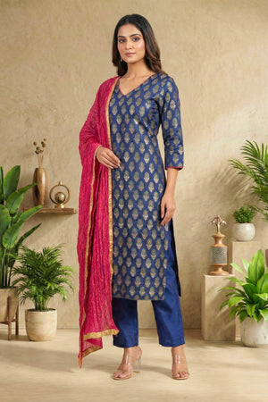 Royal Blue Silk Brocade Unstitched Suit Set with Fuchsia Dupatta