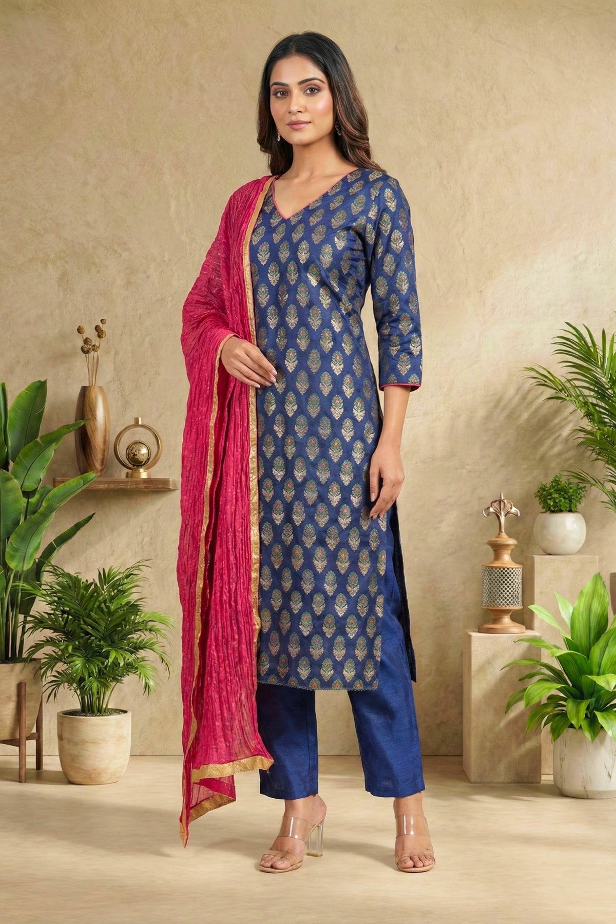 Royal Blue Silk Brocade Unstitched Suit Set with Fuchsia Dupatta