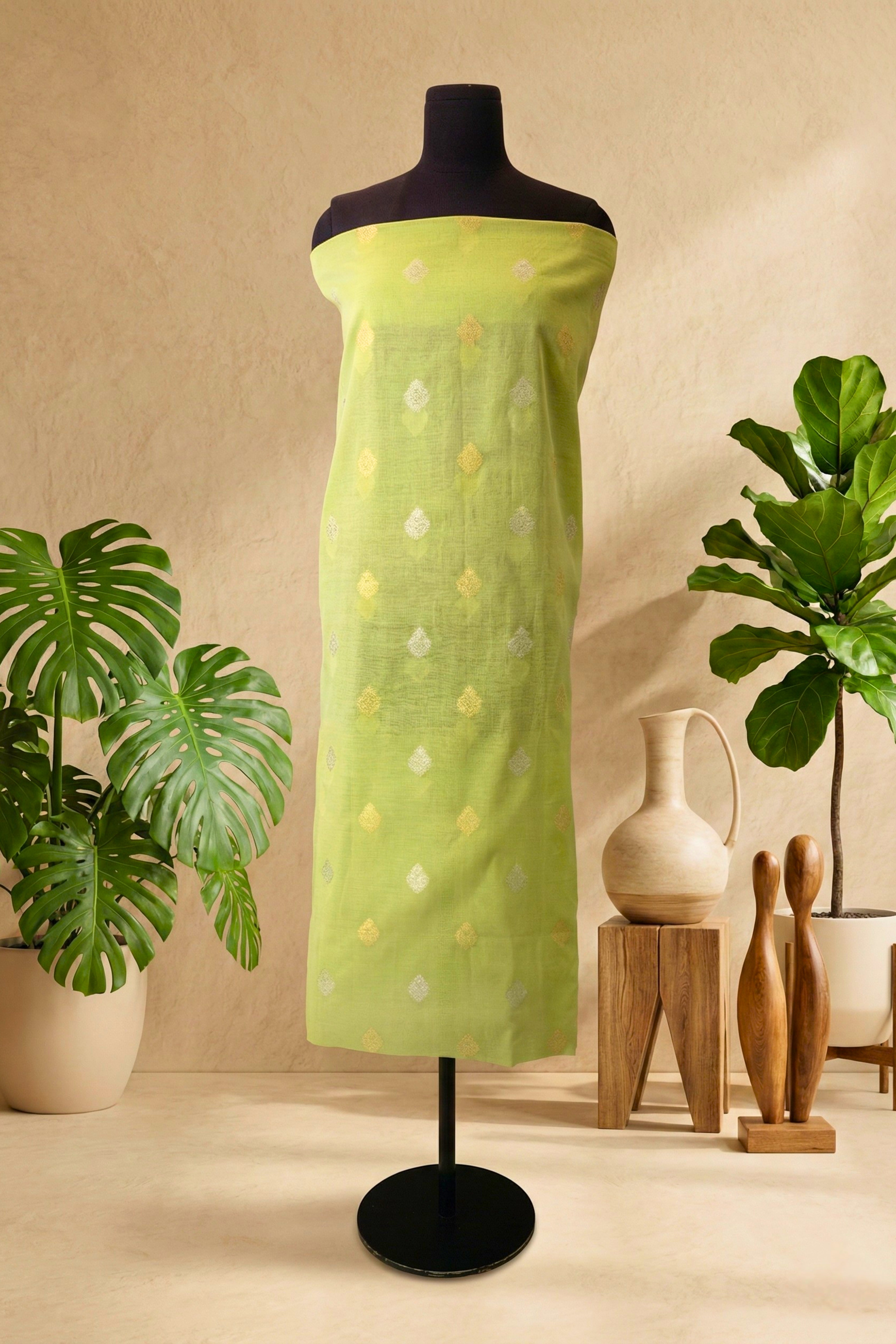 Elegant Light Green Chanderi Unstitched Dress Material