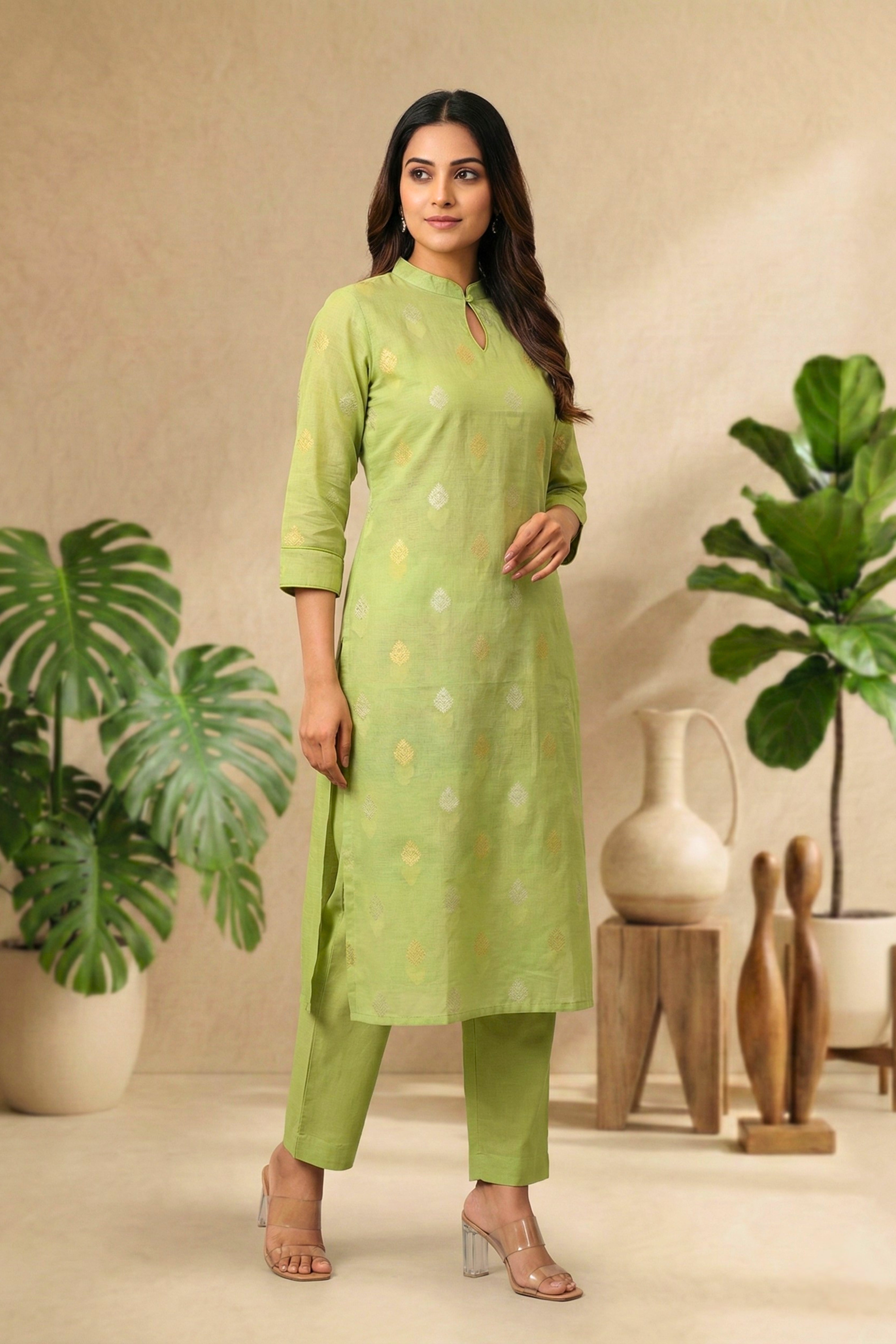 Elegant Light Green Chanderi Unstitched Dress Material