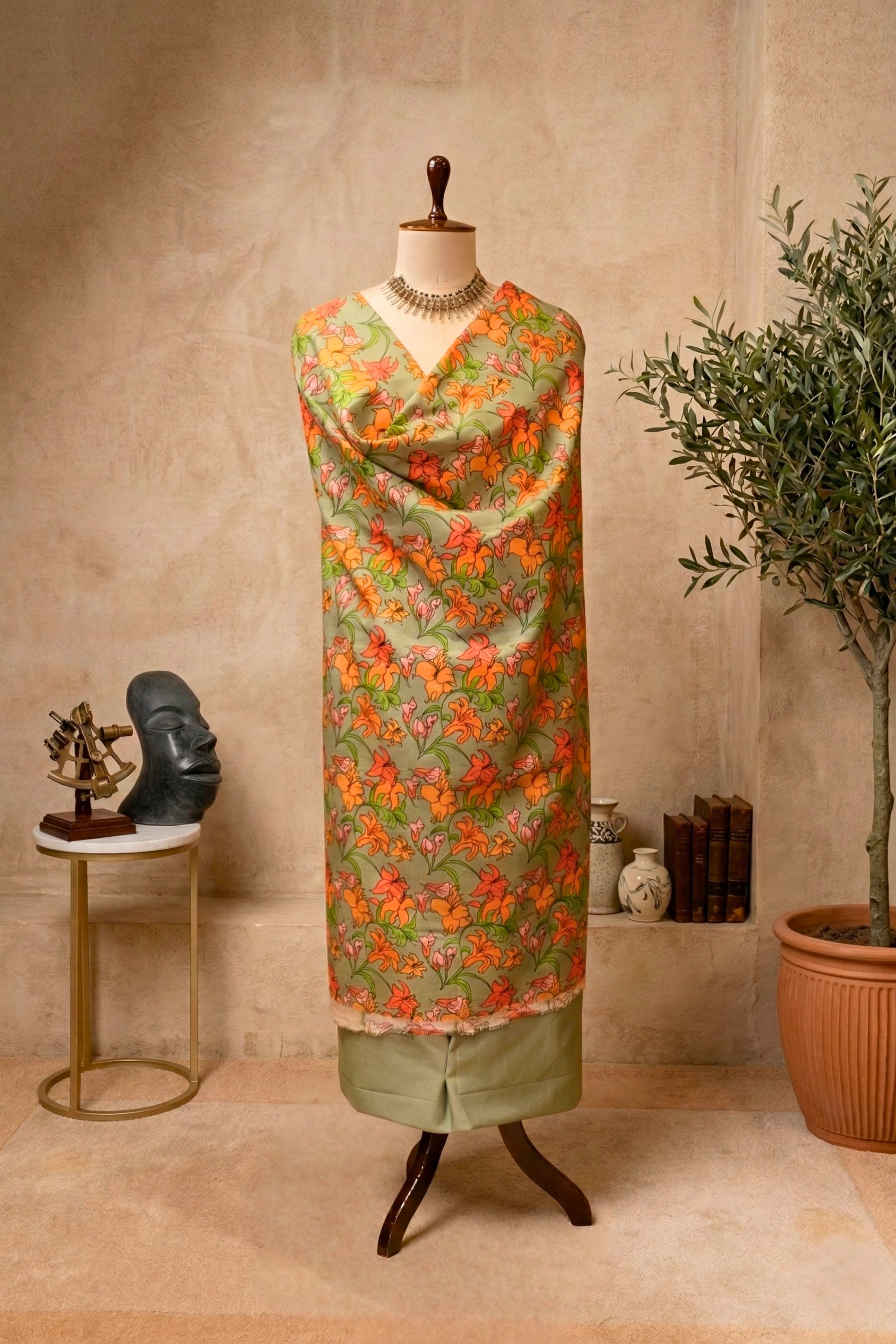 Botanical Sage Green & Orange Lily Swiss Cotton Unstitched Material