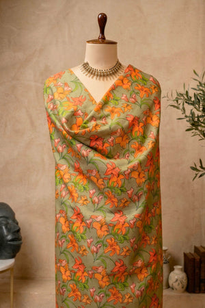 Botanical Sage Green & Orange Lily Swiss Cotton Unstitched Material