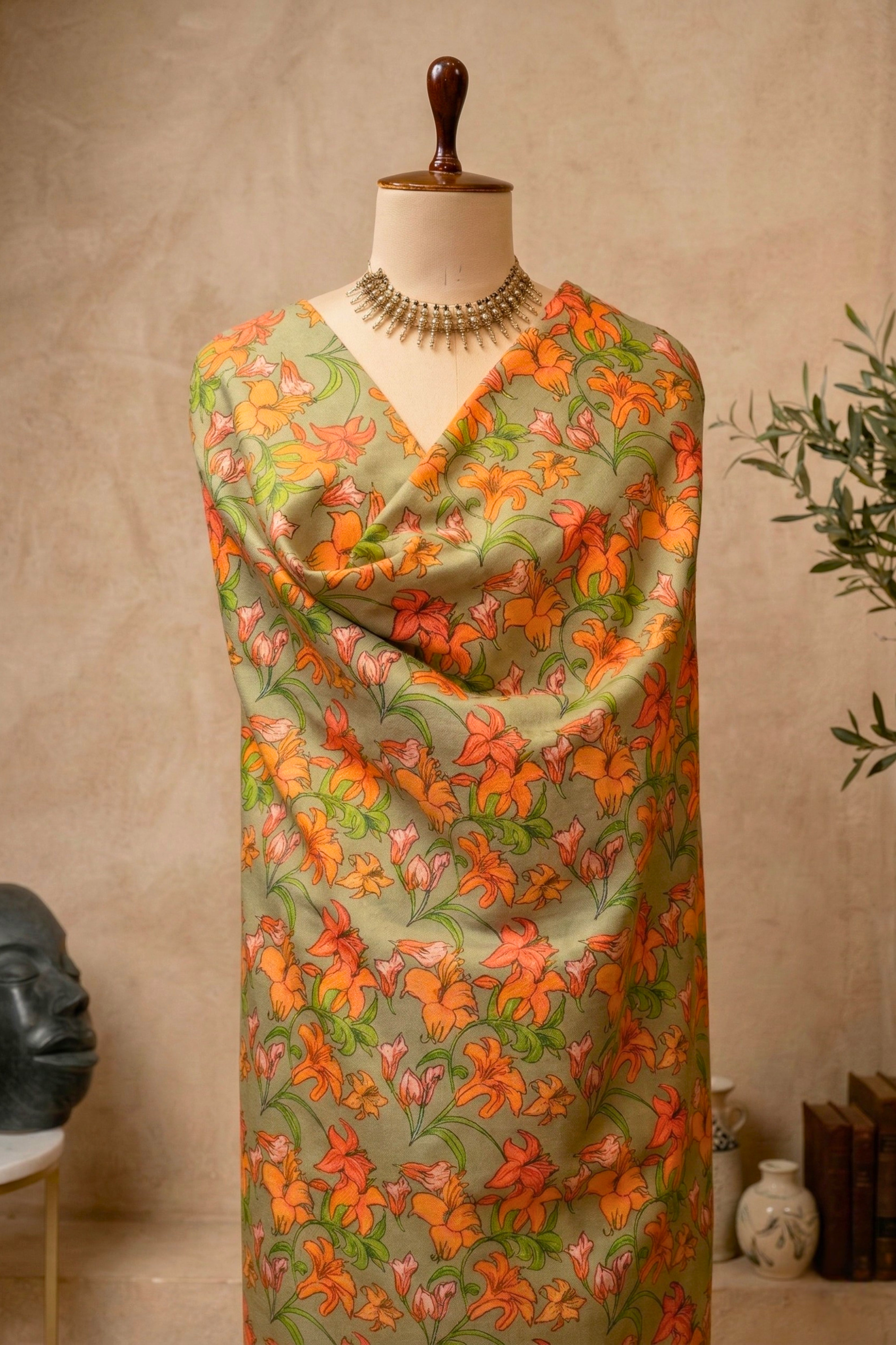 Botanical Sage Green & Orange Lily Swiss Cotton Unstitched Material