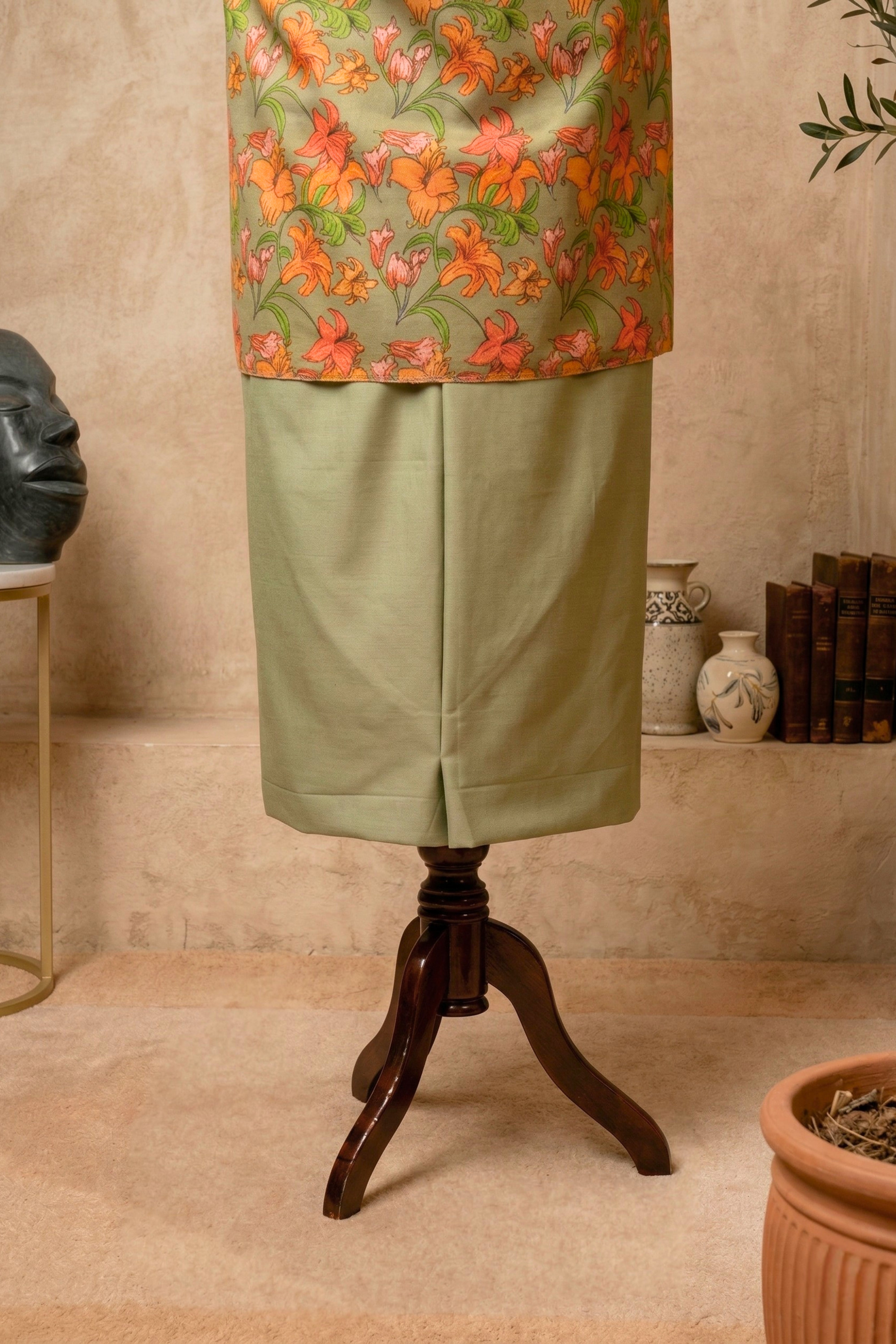 Botanical Sage Green & Orange Lily Swiss Cotton Unstitched Material
