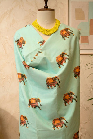 Mint Green Elephant Print Swiss Cotton Unstitched Dress Material