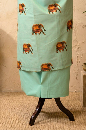 Mint Green Elephant Print Swiss Cotton Unstitched Dress Material