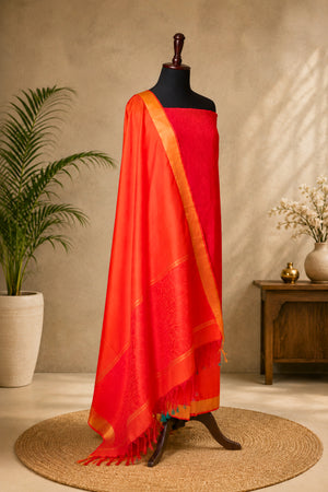 Red Kanjeevaram Soft Silk Unstitched Suit Set with Tasseled Dupatta by Label Tamanna