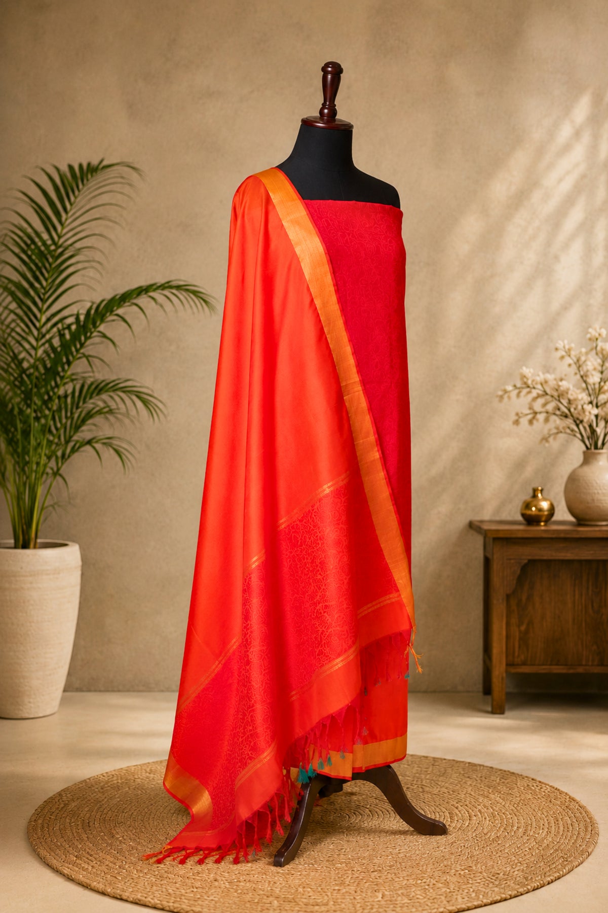 Red Kanjeevaram Soft Silk Unstitched Suit Set with Tasseled Dupatta by Label Tamanna