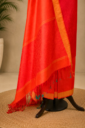 Red Kanjeevaram Soft Silk Unstitched Suit Set with Tasseled Dupatta by Label Tamanna