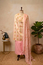 Pastel Pink Floral Stripe Swiss Cotton Unstitched Suit with Chiffon Dupatta