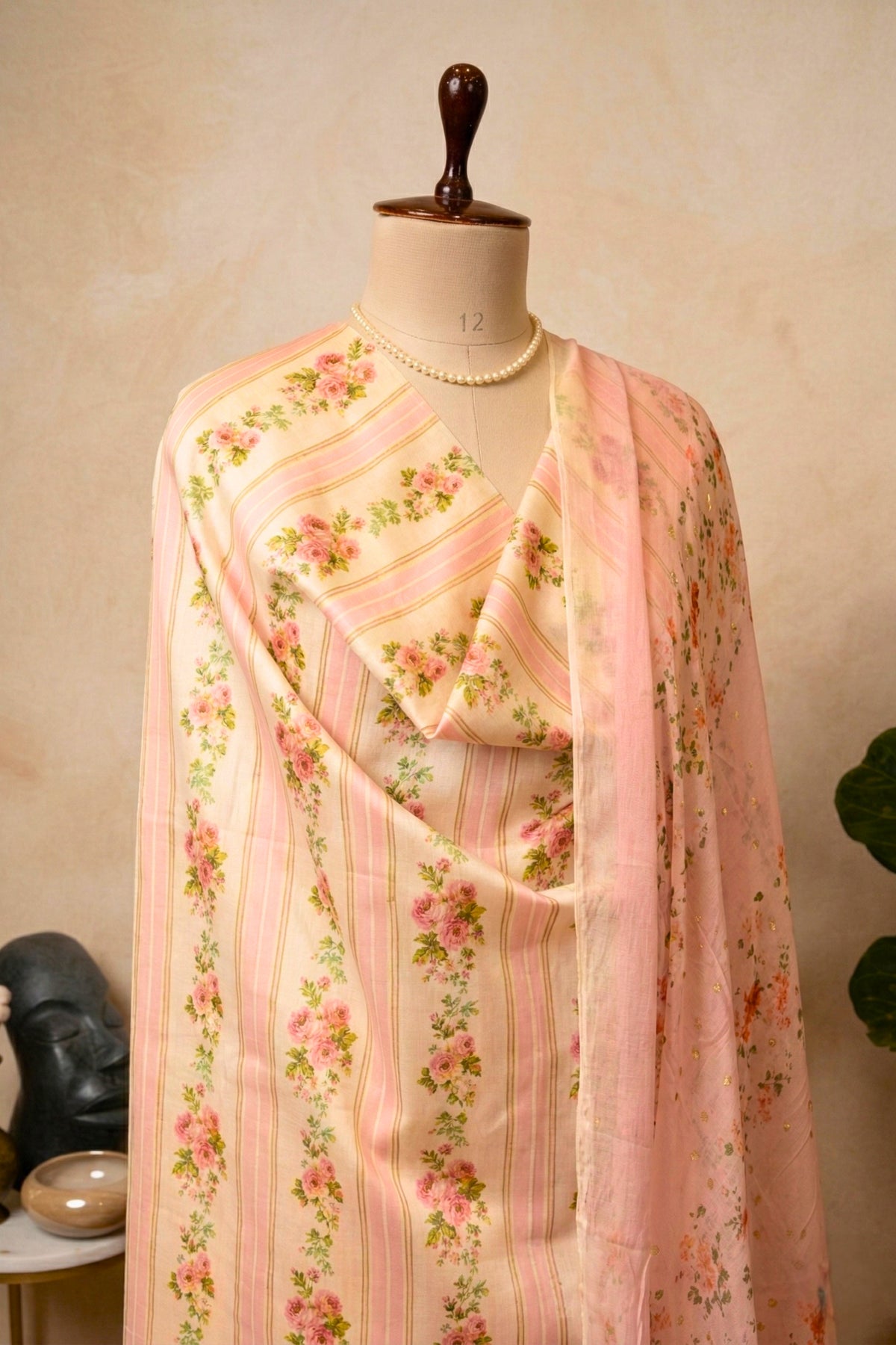 Pastel Pink Floral Stripe Swiss Cotton Unstitched Suit with Chiffon Dupatta