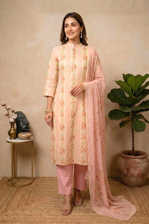 Pastel Pink Floral Stripe Swiss Cotton Unstitched Suit with Chiffon Dupatta