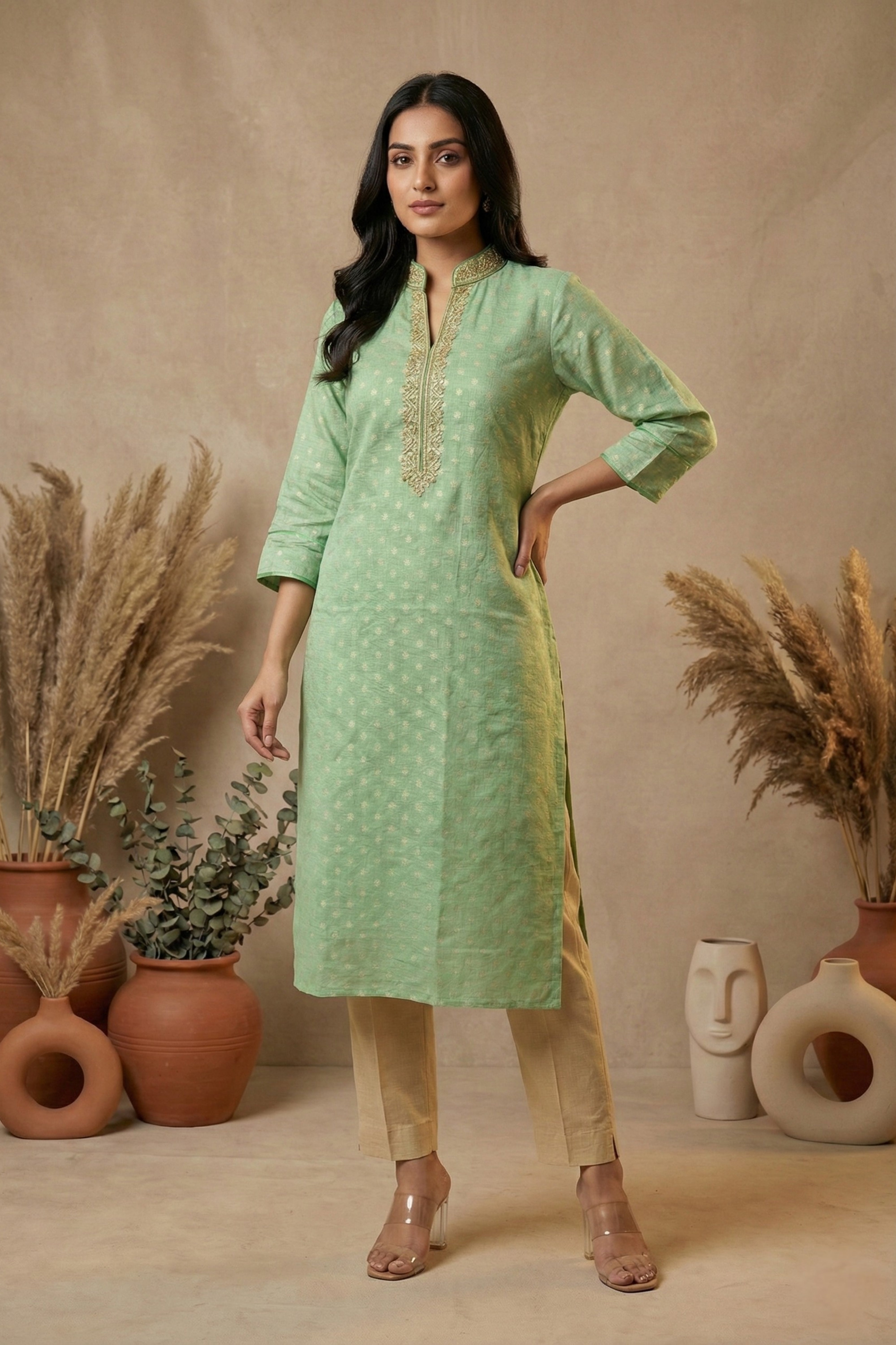 Delicate Mint Green Chanderi Unstitched Suit Set