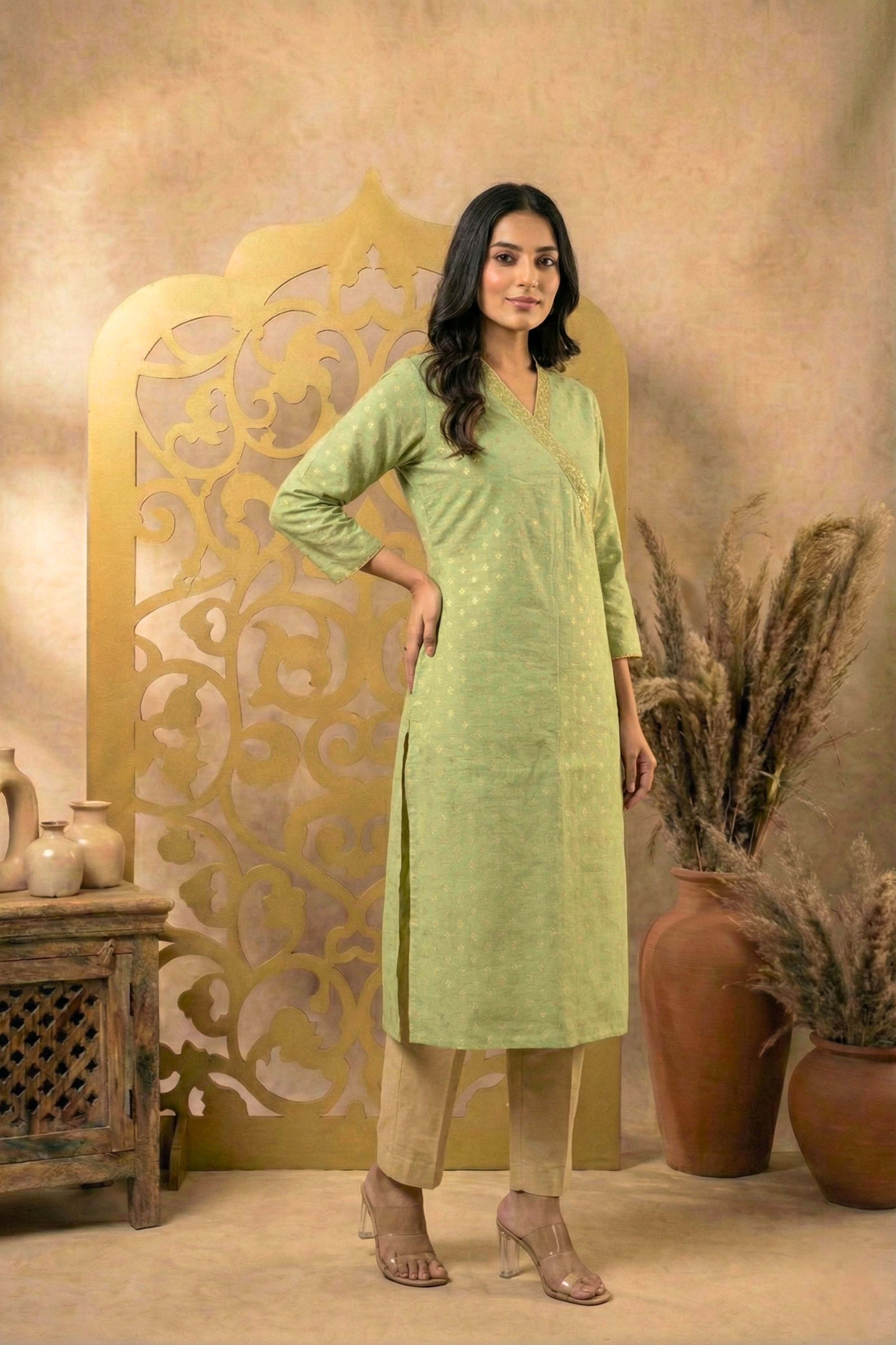 Elegant Pista Green Chanderi Unstitched Suit Set