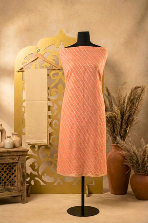 Peach Zari Striped Chanderi Unstitched Suit Set
