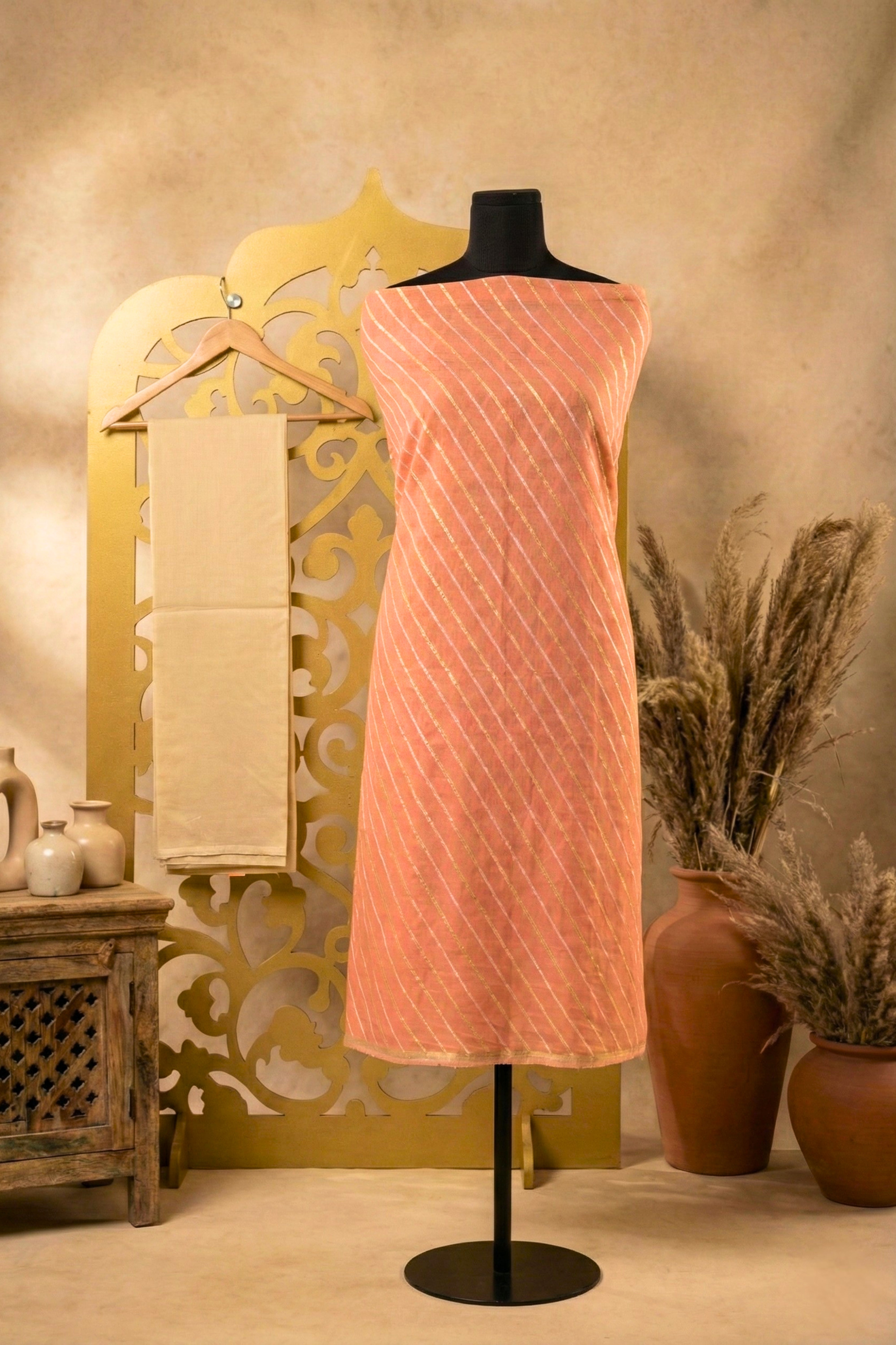 Peach Zari Striped Chanderi Unstitched Suit Set