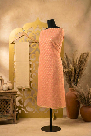 Peach Zari Striped Chanderi Unstitched Suit Set
