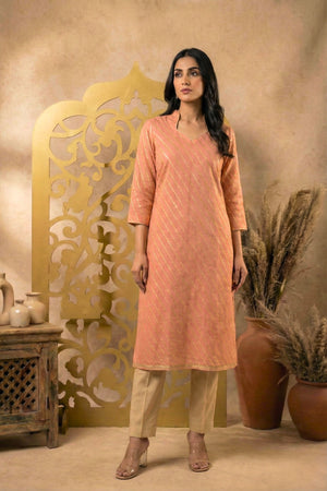 Peach Zari Striped Chanderi Unstitched Suit Set