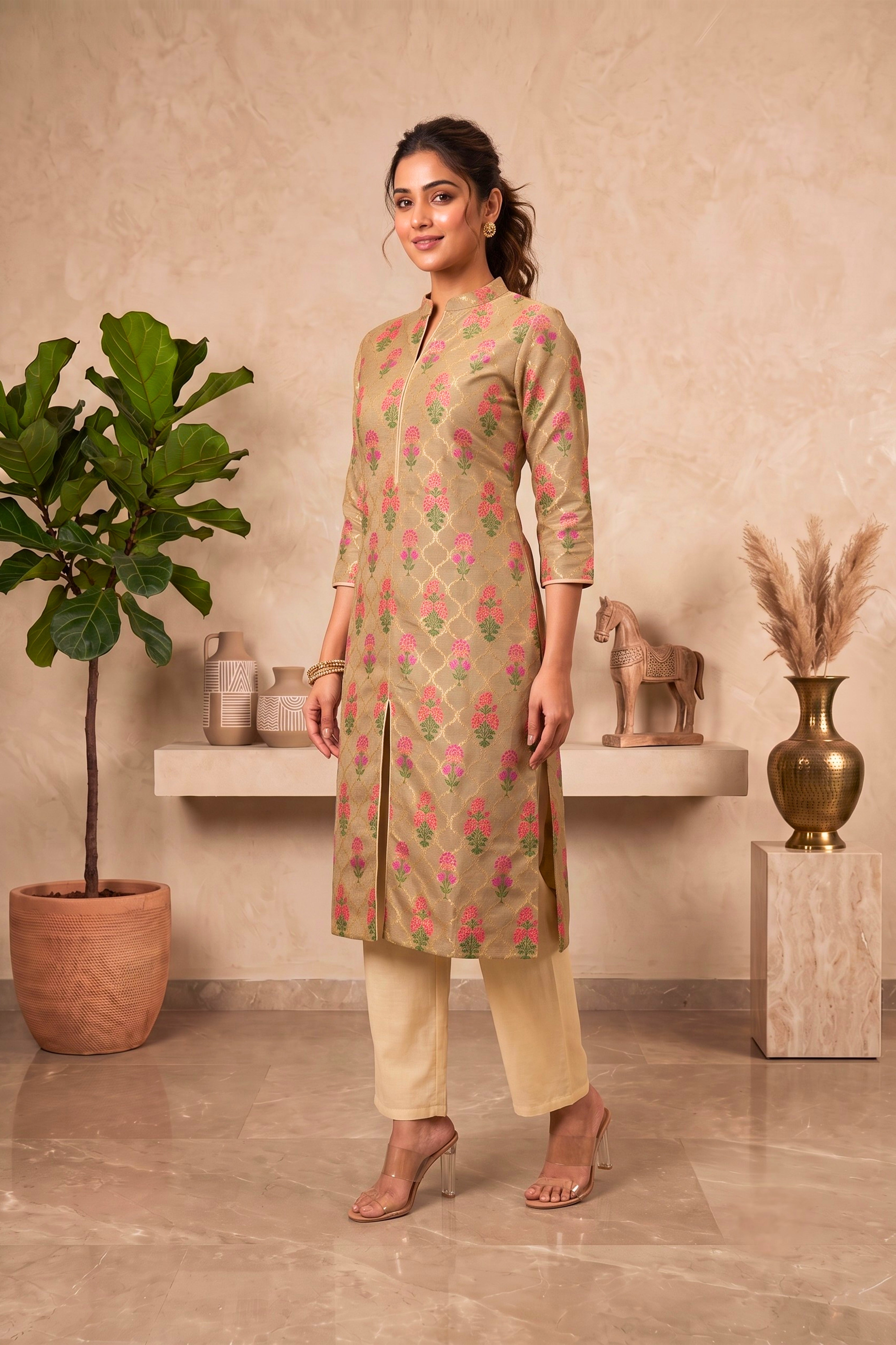 Sage Grey Banarasi Resham Chanderi Silk Unstitched Dress Material